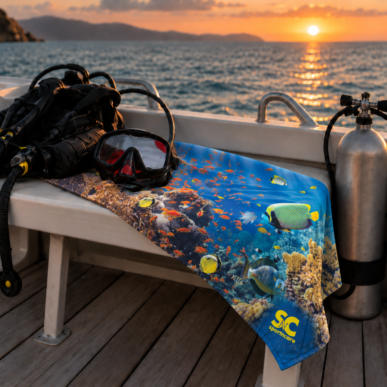 A blue scuba diving towel with a tropical fish and coral print is draped over a white bench on a boat deck, surrounded by diving gear including a mask, regulator, and oxygen tank against a sunset ocean backdrop.