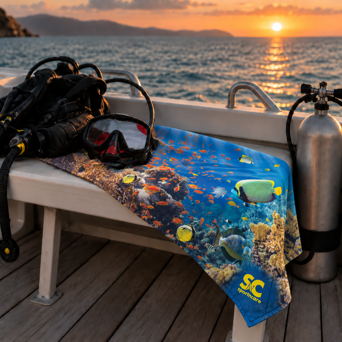 A blue scuba diving towel with a tropical fish and coral print is draped over a white bench on a boat deck, surrounded by diving gear including a mask, regulator, and oxygen tank against a sunset ocean backdrop.